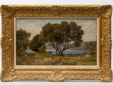 an oil painting of a landscape with trees and a body of water