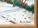 an image of a painting of a snowy road with trees in the background