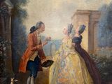 une image représentant un tableau où figurent un homme, une femme et un chien