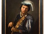 a painting of a man with a feathered hat holding a violin