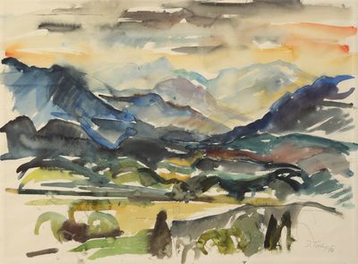 une image représentant une aquarelle d'une chaîne de montagnes