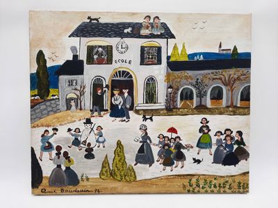 un tableau représentant un groupe de personnes devant une maison