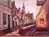 painting of a painting of a street with buildings and a clock tower in the background