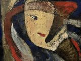 an image of a painting of a woman with a red hat
