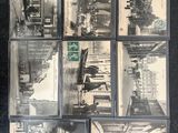 several old black and white photos of people and cars in a city