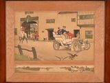 tableau représentant une calèche avec un homme à l'intérieur, devant un bâtiment