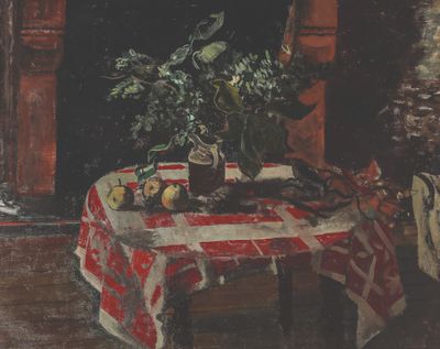 un tableau représentant une table sur laquelle se trouve un vase de fleurs