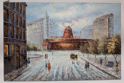 painting of a painting of a windmill on a snowy day in a city