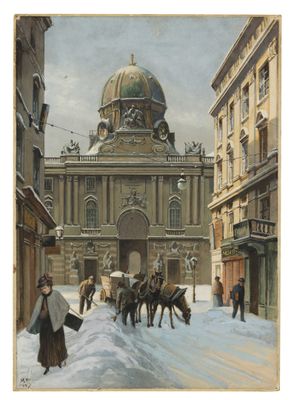 un tableau représentant une calèche tirée par des chevaux dans une rue enneigée