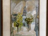a painting of a clock tower in the background