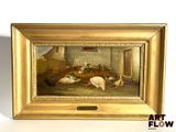 a picture of a painting of chickens and chickens in a barn