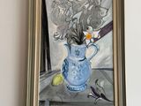 a painting of flowers in a blue vase on a table