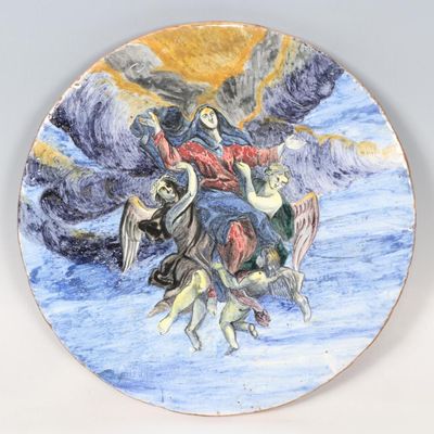 EUROPE DU SUD Médaillon en faïence polychrome figurant l'ass…