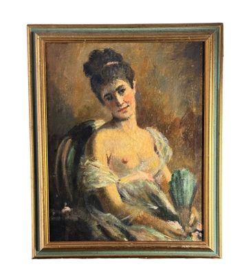 an oil painting of a woman in a green dress holding a fan