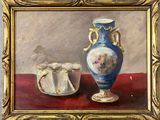 a painting of a vase and a bowl on a table