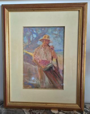 tableau représentant un homme coiffé d'un chapeau de paille, assis sur un banc