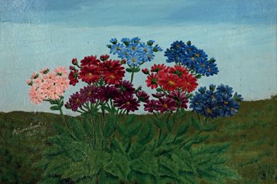 peinture représentant un bouquet de fleurs dans un champ