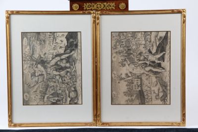 pair of framed drawings of a man and a woman on a bench