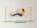 drawing of a man sitting on a bench in front of a car