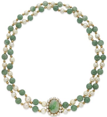 a jade and cultured pearl necklace, by van cleef