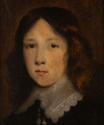 un tableau représentant une jeune fille aux cheveux roux vêtue d'une robe noire