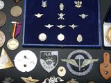 many different types of military badges and medals on the table