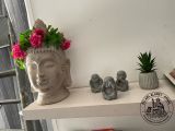 a white shelf with a buddha statue and a potted plant on it