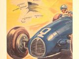 tableau représentant un homme au volant d'une voiture de course, avec un requin en arrière-plan