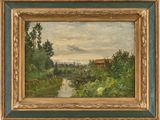 un tableau représentant une rivière avec une maison au loin