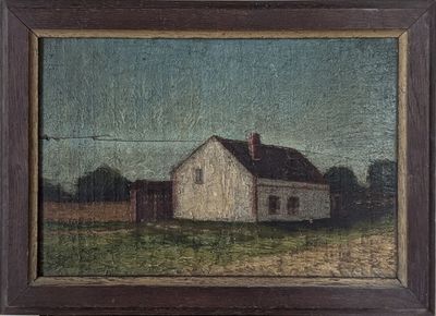 an oil painting of a white house in a field with a fence