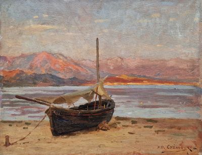 tableau représentant un bateau sur une plage, avec des montagnes en arrière-plan