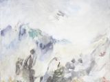 an image of a painting of a mountain scene with a bird flying over it