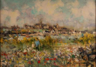 une peinture à l'huile représentant un champ avec des fleurs et des bâtiments en arrière-plan
