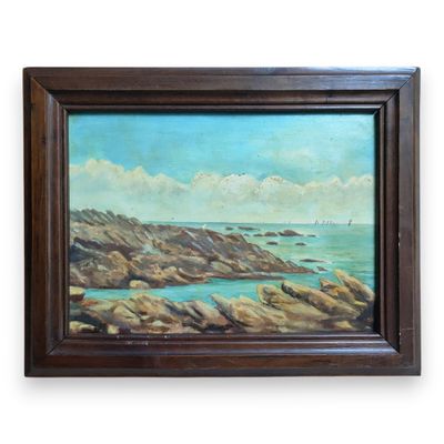 an oil painting of a rocky coast with a lighthouse in the distance