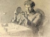 drawing of a man sitting at a table with a mirror in his hand