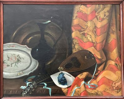 une peinture représentant une nature morte avec un bol et une assiette