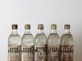 six vieilles bouteilles de gin posées sur une table en bois, avec un mur blanc en arrière-plan