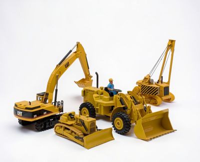 trois engins de chantier miniatures et un bulldozer sur fond blanc