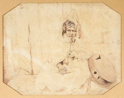 dessin représentant une femme assise sur un lit, coiffée d'un chapeau