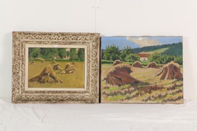 une peinture représentant une scène de vie à la ferme et une image d'un champ