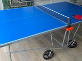 une table de ping-pong bleue sur laquelle sont posées deux raquettes rouges