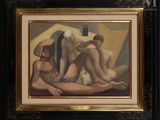 painting of three nudes in a black frame with a gold border