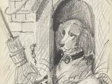 dessin représentant un chien dans une niche, en compagnie d'un chat et d'un oiseau