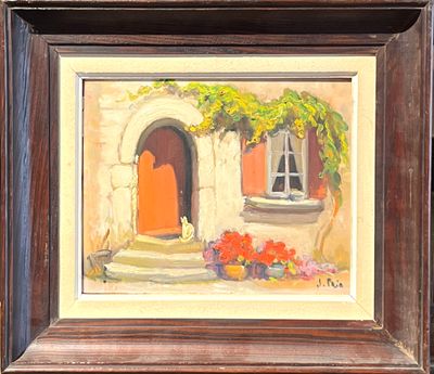 Juliette PRIN (XXe). Chat sur le seuil de la porte.