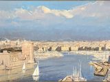 un tableau représentant une vue de ville avec des bateaux sur l'eau