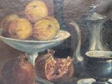 a painting of a bowl of fruit on a table