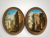 pair of 19th century oil on canvas paintings of ruins and figures