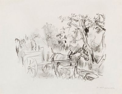 drawing of a horse pulling a cart in a field with trees in the background
