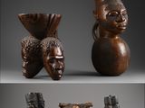 trois vues différentes d'un vase en bois orné d'un visage et d'une tête