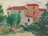 une peinture à l'huile représentant une maison et des arbres dans un champ